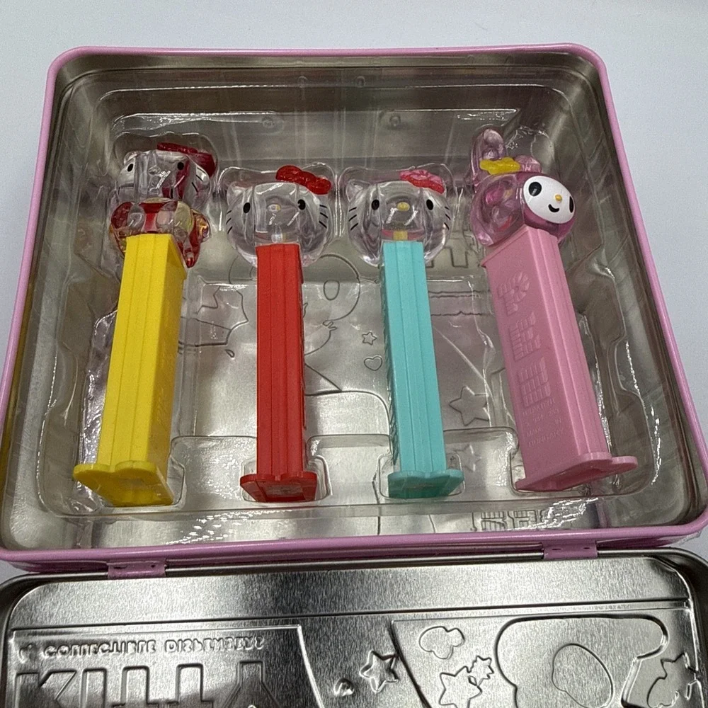 Hello Kitty My Melody CRYSTAL PEZ Candy Dispenser Set Pink Tin Lunchbox Retired